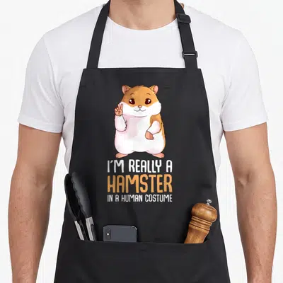 Costume funny hamster apron - Orange and white cartoon hamster making a peace sign above stacked text — shown on a black cotton canvas apron against a white background