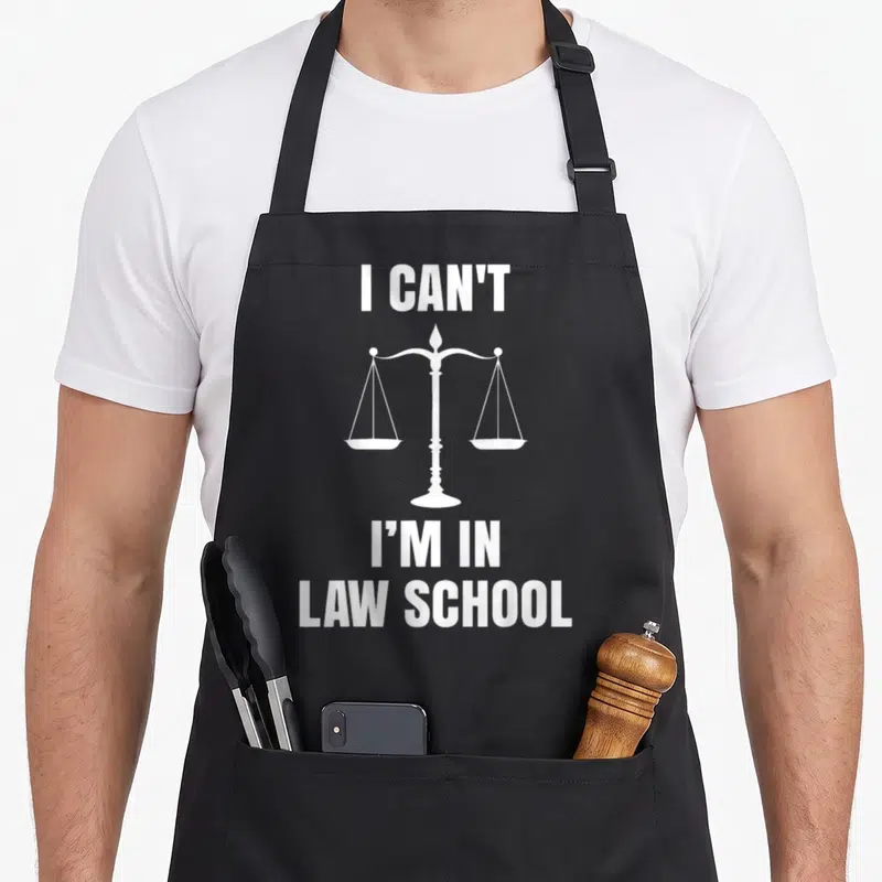 Law school lawyer apron - White scales of justice between I CAN'T and I'M IN LAW SCHOOL text — shown on a black cotton canvas apron against a white background