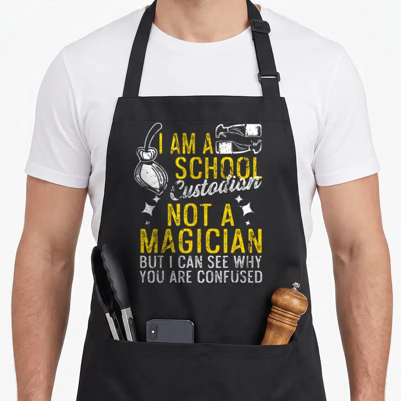 Custodial custodian apron - I Am A School Custodian Not A Magician text with mop and spray bottles in yellow and white — shown on a black cotton canvas apron against a white background