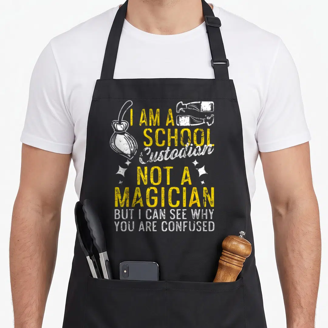 Custodial custodian apron - I Am A School Custodian Not A Magician text with mop and spray bottles in yellow and white — shown on a black cotton canvas apron against a white background