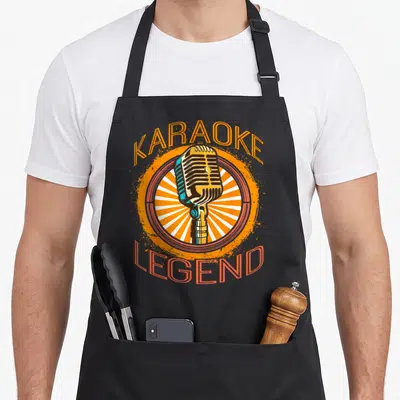 Music karaoke apron - Retro microphone with KARAOKE LEGEND text over orange and white sunburst — shown on a black cotton canvas apron against a white background