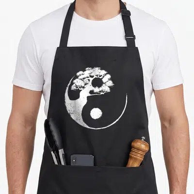 Yang buddhist tree apron - White yin yang symbol with integrated tree on black apron — shown on a black cotton canvas apron against a white background