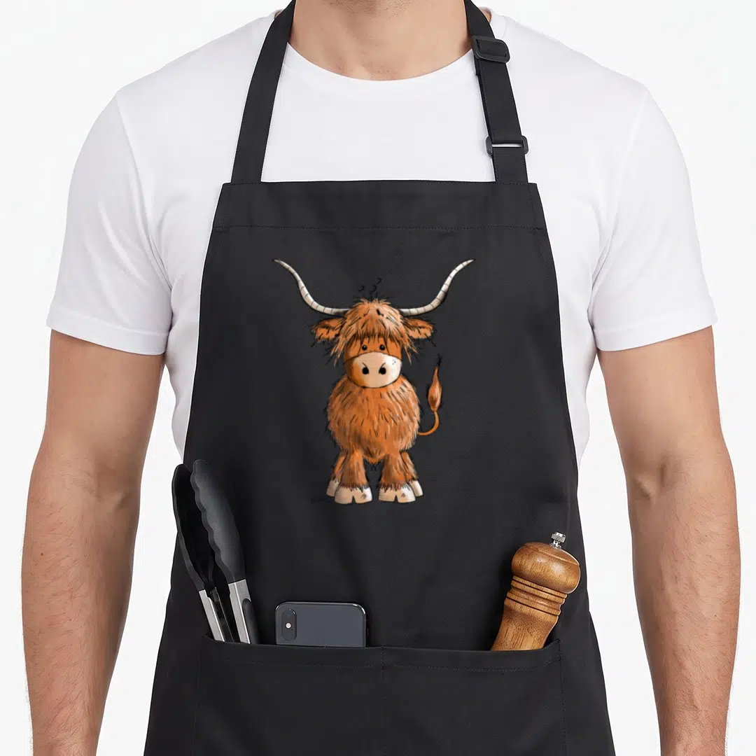 Hairy highland cow apron - Cartoon orange and grey highland cow with long horns standing on a black background — shown on a black cotton canvas apron against a white background