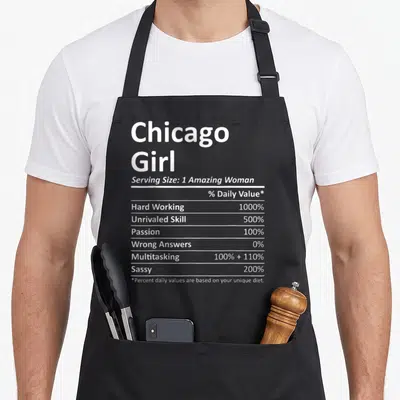 Root chicago apron - White typography styled as a nutrition label listing Hard Working 1000% and Multitasking 100 plus — shown on a black cotton canvas apron against a white background