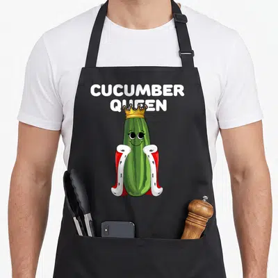 Queen veggie apron - Cartoon cucumber with gold crown and red white cape under CUCUMBER QUEEN text — shown on a black cotton canvas apron against a white background