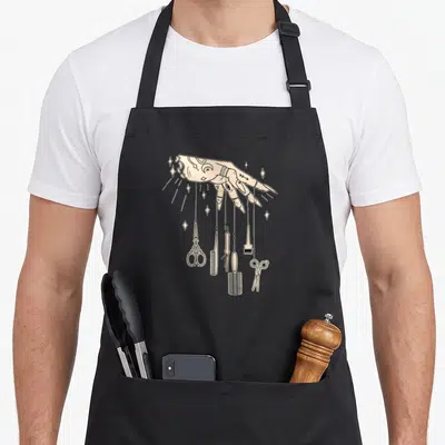 Tattooed hairdresser apron - Beige tattooed hand holding hanging scissors, comb, and brush on black apron — shown on a black cotton canvas apron against a white background