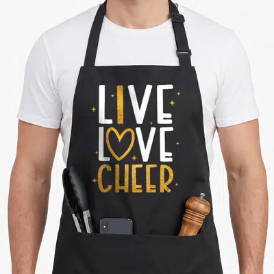 Live make cheerful apron - White and gold glitter text reading LIVE LOVE CHEER with heart O and stars — shown on a black cotton canvas apron against a white background