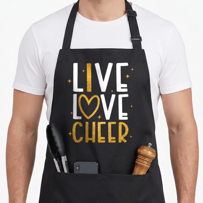 Live make cheerful apron - White and gold glitter text reading LIVE LOVE CHEER with heart O and stars — shown on a black cotton canvas apron against a white background