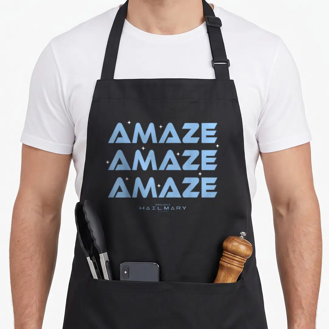 Amaze project hail mary apron - Three stacked blue AMAZE words with white stars and Project Hail Mary text below — shown on a black cotton canvas apron against a white background