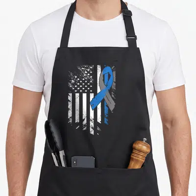 Flag diabete family aprons - Distressed white USA flag with overlapping blue awareness ribbon on black fabric — shown on a black cotton canvas apron against a white background
