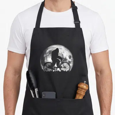 Bigfoot simple apron - Grey silhouette of bigfoot on a bicycle in front of a white moon and tree line — shown on a black cotton canvas apron against a white background