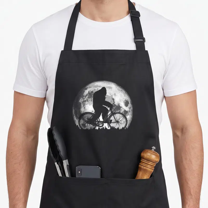 Bigfoot simple apron - Grey silhouette of bigfoot on a bicycle in front of a white moon and tree line — shown on a black cotton canvas apron against a white background