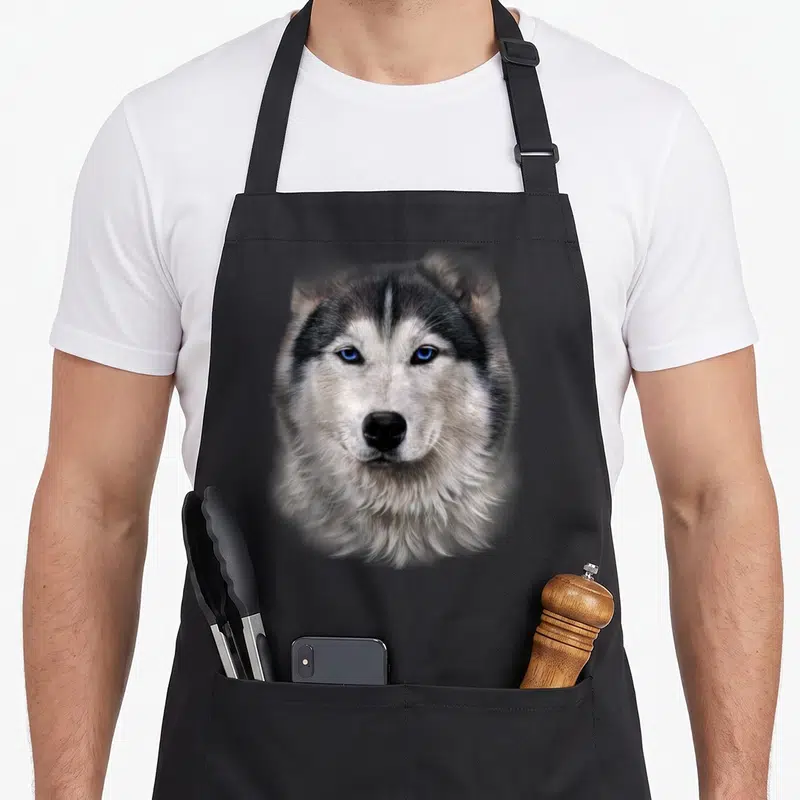 Eyed dog apron - Realistic husky head portrait with blue eyes, grey white and black fur — shown on a black cotton canvas apron against a white background