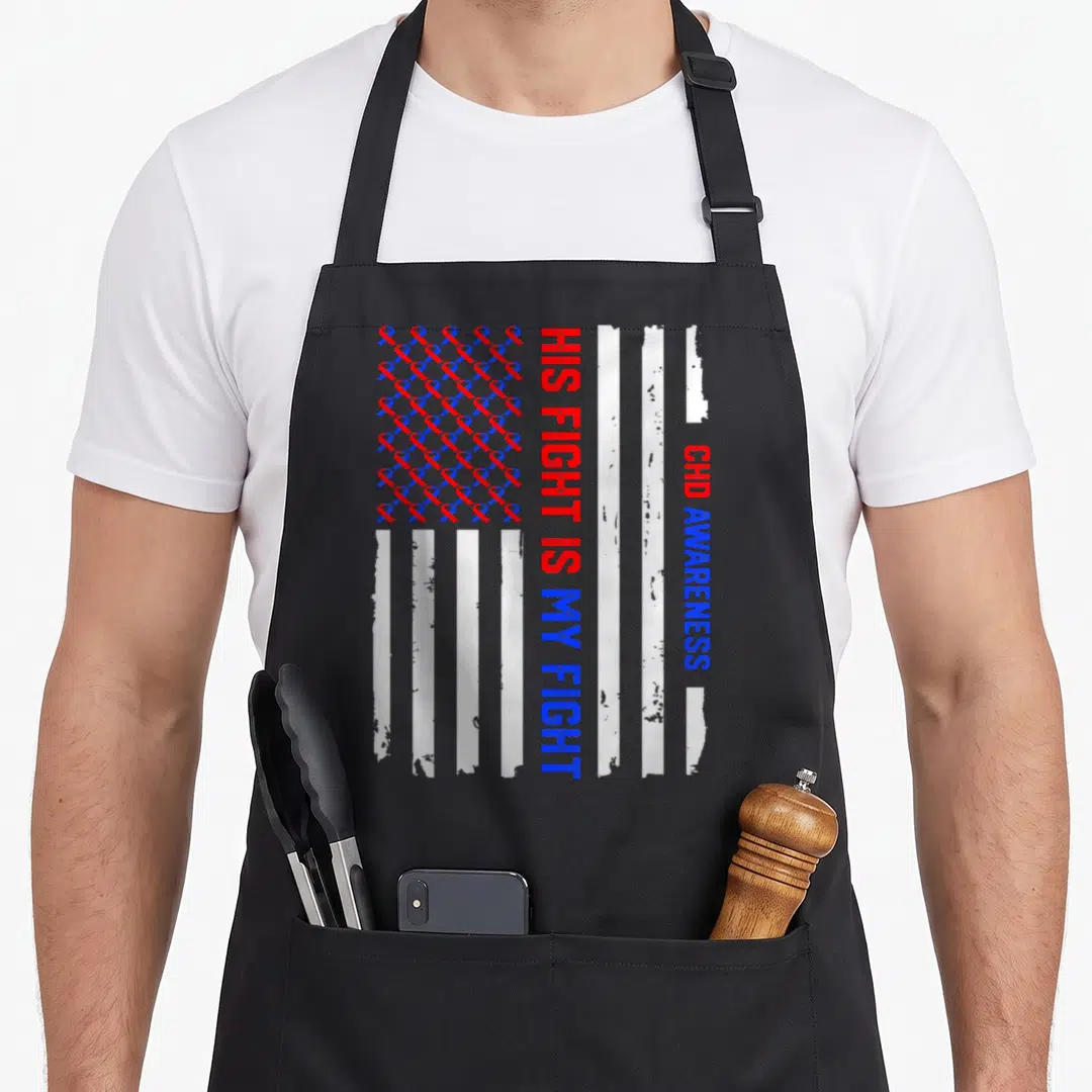Chd congenital defect apron - Distressed flag of white stripes and red blue ribbons with vertical awareness text — shown on a black cotton canvas apron against a white background
