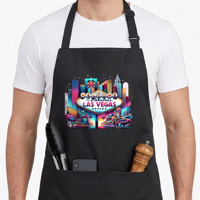 Baby holiday apron - Cartoon Las Vegas sign with Welcome to Fabulous text and colorful skyline buildings — shown on a black cotton canvas apron against a white background