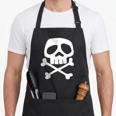 Bone punk rock apron - White skull and two crossed bones in minimalist style on black background — shown on a black cotton canvas apron against a white background