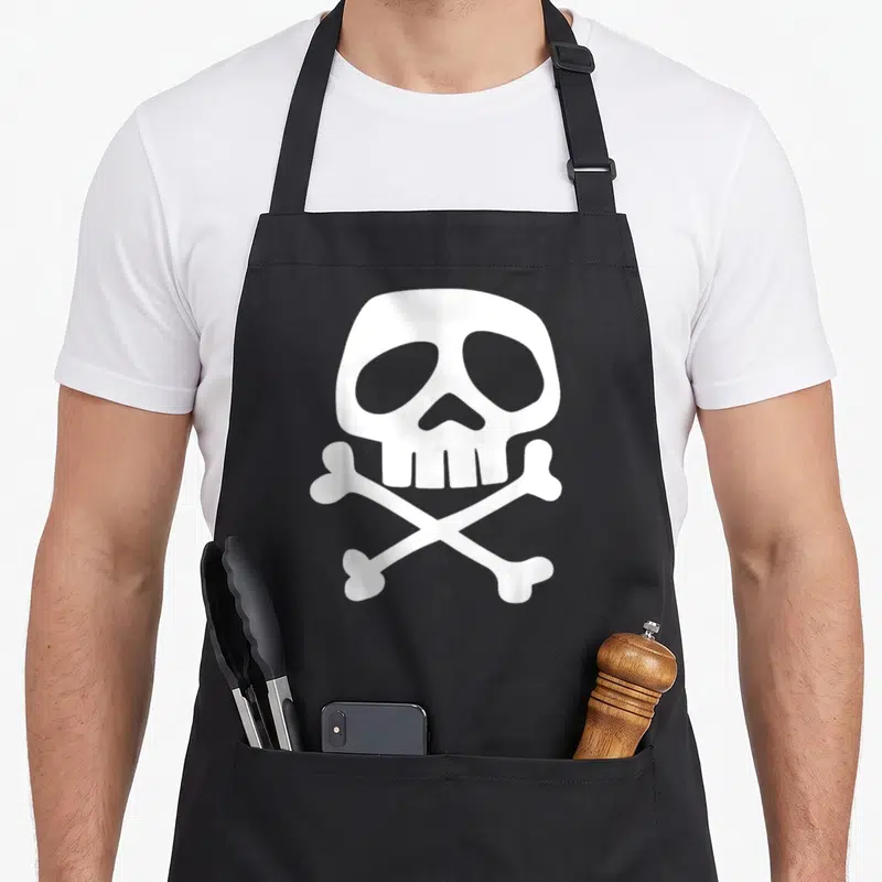 Bone punk rock apron - White skull and two crossed bones in minimalist style on black background — shown on a black cotton canvas apron against a white background