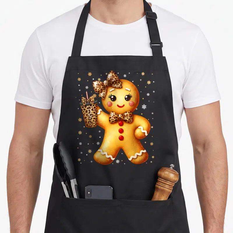 Leopard christmas gingerbread apron - Golden brown gingerbread person with leopard print bows and snowflakes — shown on a black cotton canvas apron against a white background