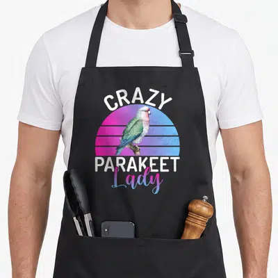 Cute crazy parakeet lady apron - Retro parakeet on pink blue striped sun with Crazy Parakeet Lady text — shown on a black cotton canvas apron against a white background