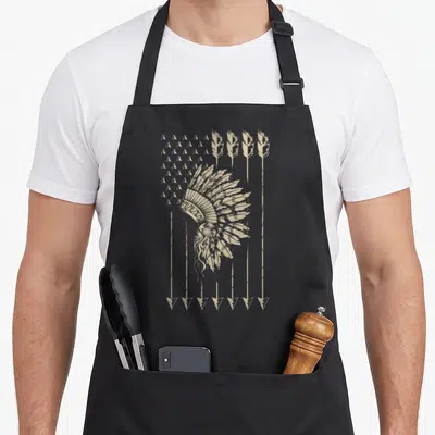 Arrow native american apron - Tan headdress over stylized flag of arrows and teepee-shaped stars in line art style — shown on a black cotton canvas apron against a white background