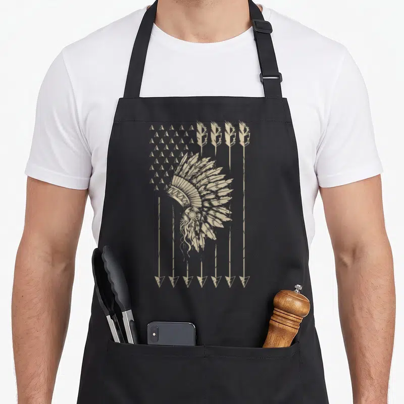 Arrow native american apron - Tan headdress over stylized flag of arrows and teepee-shaped stars in line art style — shown on a black cotton canvas apron against a white background