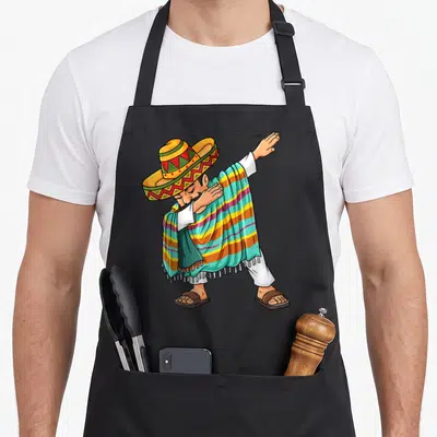 Mayo dabbing mexican apron - Cartoon man in striped poncho and sombrero performing a dab dance pose — shown on a black cotton canvas apron against a white background