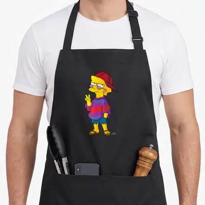 Funny lisa simpson apron - Cartoon Lisa Simpson in red cap and purple striped shirt making a peace sign — shown on a black cotton canvas apron against a white background