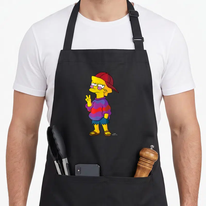 Funny lisa simpson apron - Cartoon Lisa Simpson in red cap and purple striped shirt making a peace sign — shown on a black cotton canvas apron against a white background