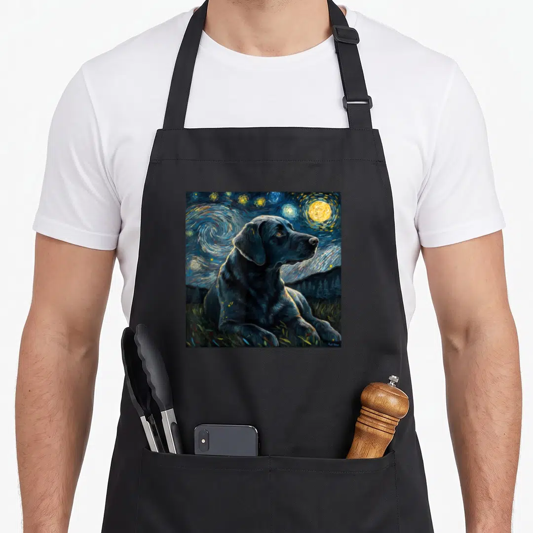 Retriever puppy labrador apron - Black labrador dog sitting in grass under a swirling blue starry night sky — shown on a black cotton canvas apron against a white background