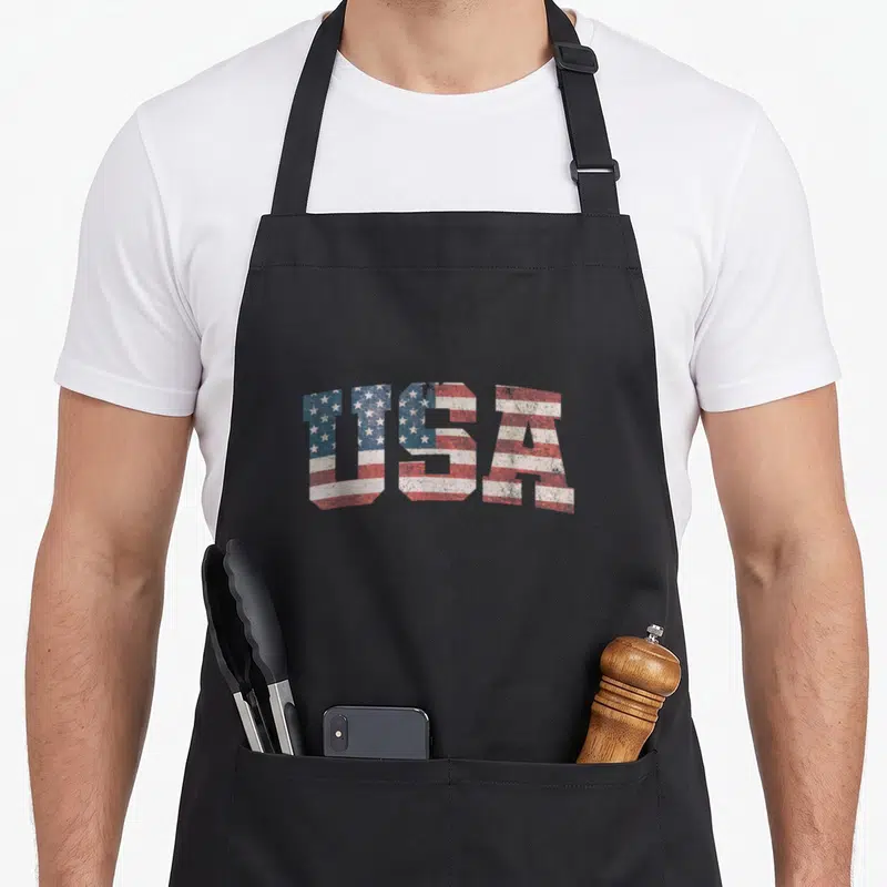Flag 4th of july apron - Distressed USA text filled with red white and blue flag pattern — shown on a black cotton canvas apron against a white background
