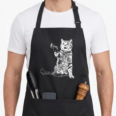 Cat gun apron - White line art of a sitting cat holding a pistol in its right paw — shown on a black cotton canvas apron against a white background