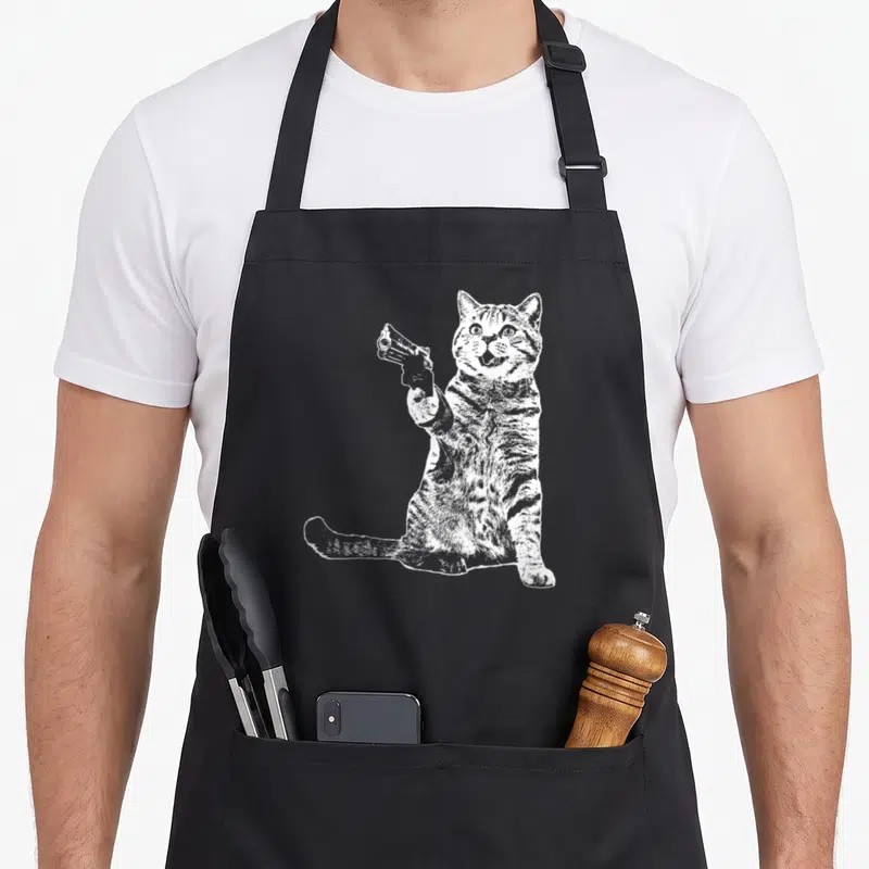 Cat gun apron - White line art of a sitting cat holding a pistol in its right paw — shown on a black cotton canvas apron against a white background