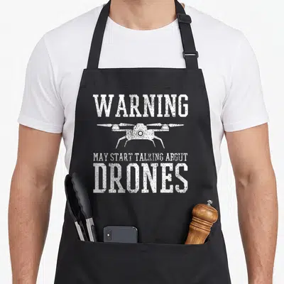 Quadrocopter flying apron - White distressed drone silhouette between WARNING and DRONES text on black background — shown on a black cotton canvas apron against a white background