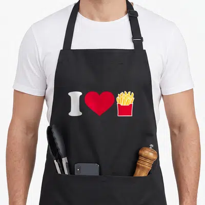 Fry french apron - White letter I, red heart, and yellow fries in red container arranged horizontally — shown on a black cotton canvas apron against a white background