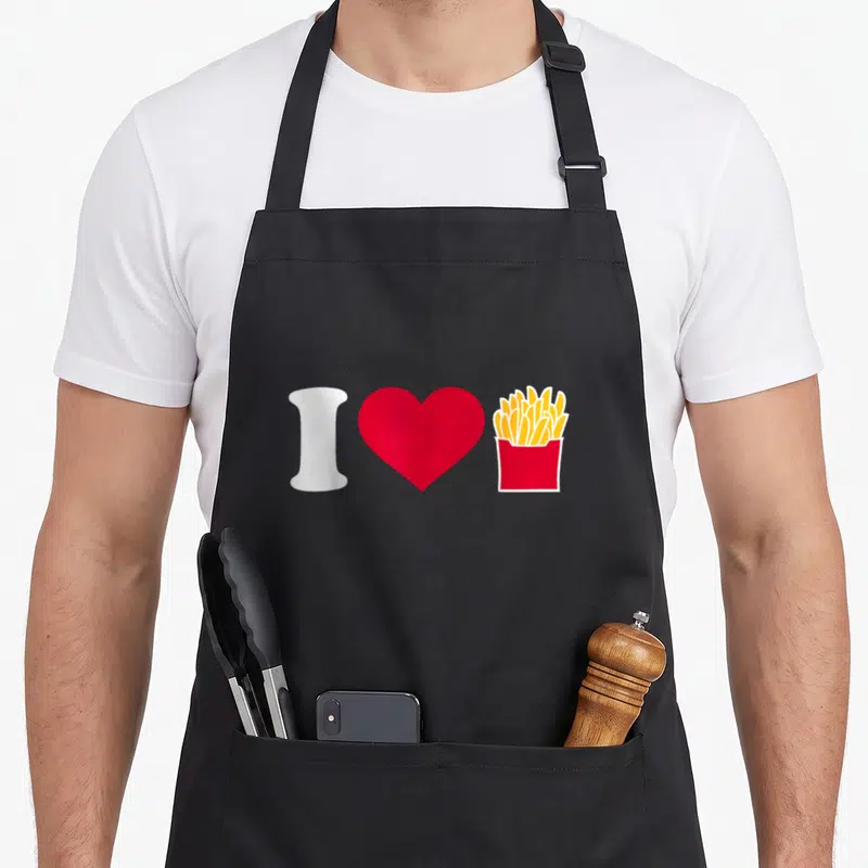 Fry french apron - White letter I, red heart, and yellow fries in red container arranged horizontally — shown on a black cotton canvas apron against a white background