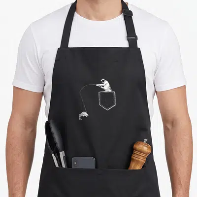 Fisherman father fishing apron - White distressed fisherman in shield holding rod catching jumping fish on black bib — shown on a black cotton canvas apron against a white background