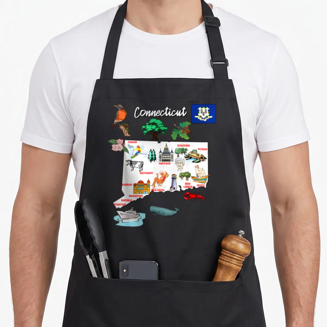 Illustrated connecticut apron - Cartoon map of Connecticut with city names, state flag, robin, lobster, and lighthouse — shown on a black cotton canvas apron against a white background