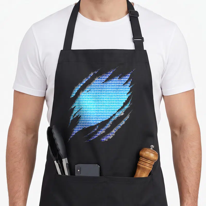 Coder engineer apron - Binary code pattern revealed through realistic grey claw tears on blue background — shown on a black cotton canvas apron against a white background
