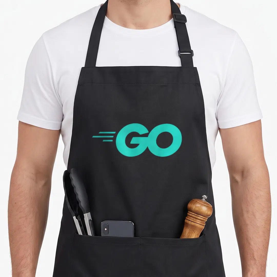 Language programming apron - Teal GO text with three horizontal speed lines on black bib — shown on a black cotton canvas apron against a white background