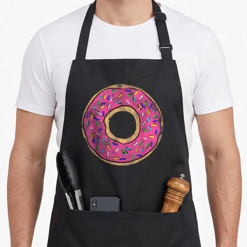 Donut colorful aprons - Cartoon pink frosted doughnut with blue, green, yellow, and white sprinkles on tan dough — shown on a black cotton canvas apron against a white background