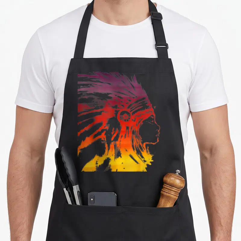 Sunset native american apron - Gradient silhouette of a woman in a feathered headdress with purple, red, orange — shown on a black cotton canvas apron against a white background