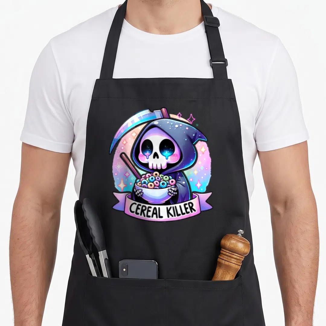 Cereal skeleton apron - Cartoon grim reaper holding cereal bowl with CEREAL KILLER banner in purple and pink — shown on a black cotton canvas apron against a white background