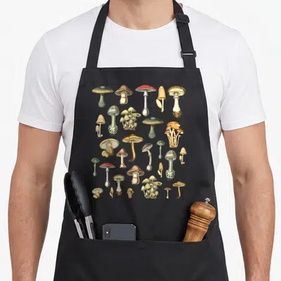 Variety foraging apron - Realistic grid of brown red white green and yellow mushrooms — shown on a black cotton canvas apron against a white background