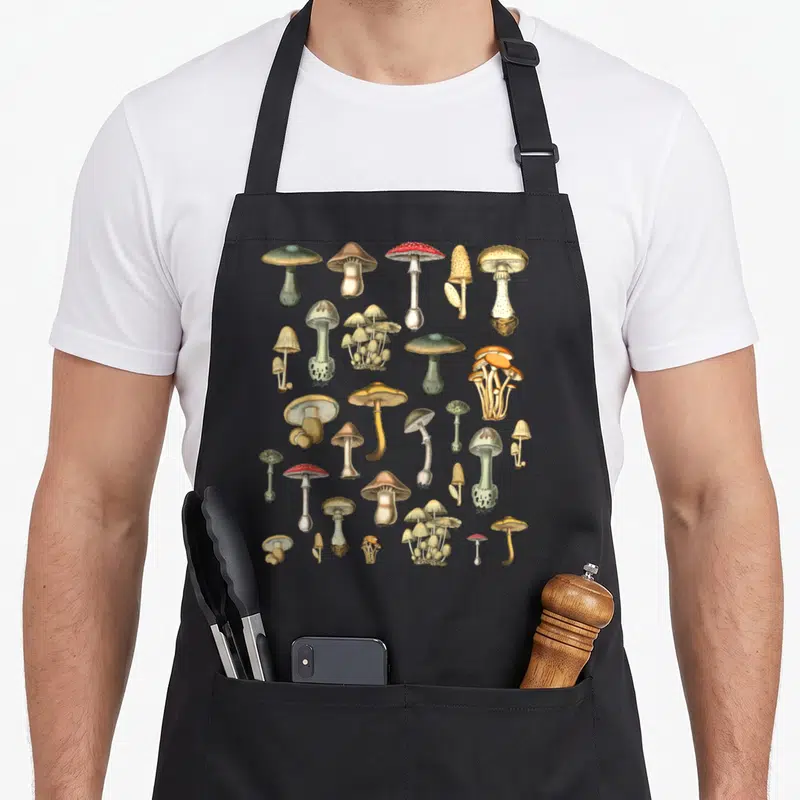 Variety foraging apron - Realistic grid of brown red white green and yellow mushrooms — shown on a black cotton canvas apron against a white background