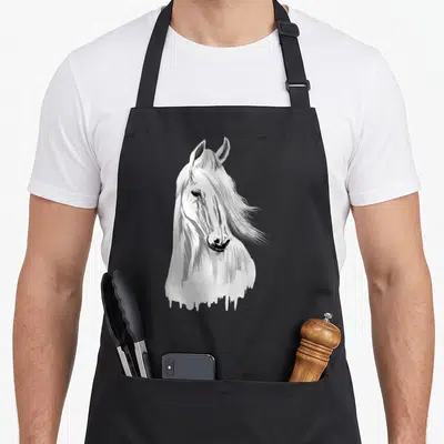 Equestrian animal horse apron - Line art horse head with white paint drips on black fabric — shown on a black cotton canvas apron against a white background