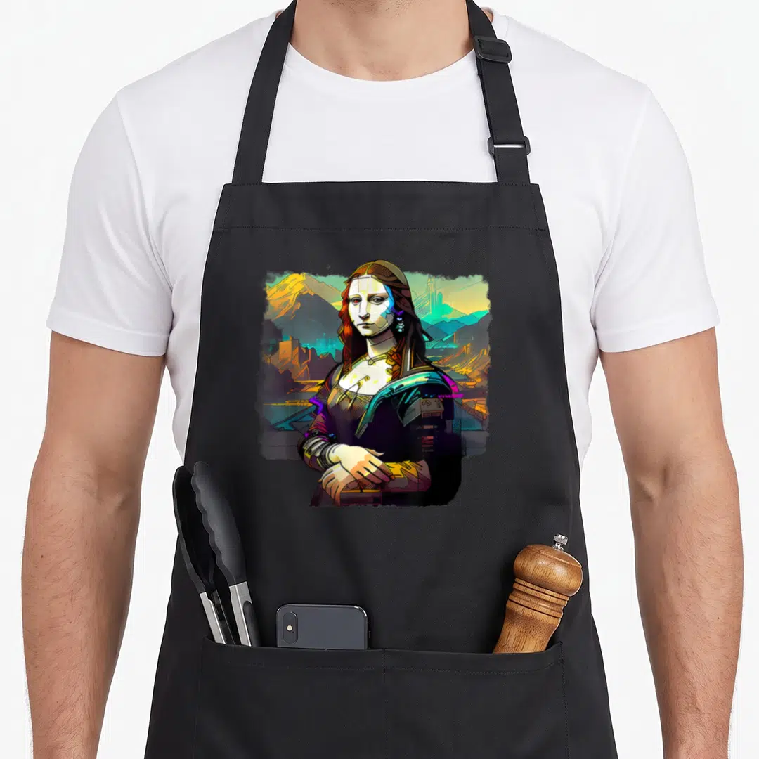 Mona lisa famous aprons - Realistic cyberpunk woman portrait with futuristic city background in orange and blue tones — shown on a black cotton canvas apron against a white background