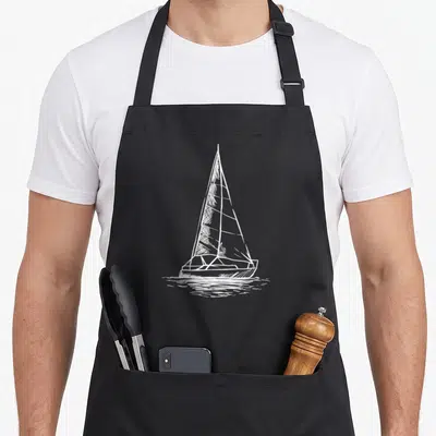 Sailor simple apron - White line-art sailboat centered above horizontal water ripples — shown on a black cotton canvas apron against a white background