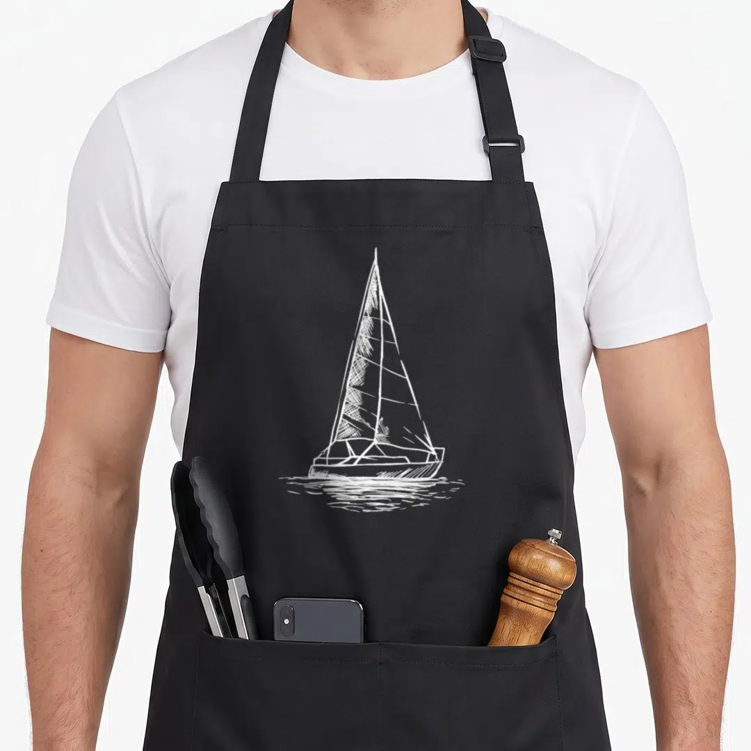 Sailor simple apron - White line-art sailboat centered above horizontal water ripples — shown on a black cotton canvas apron against a white background