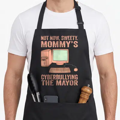 Cyberbullying mayor apron - Peach computer and sarcastic text reading Not Now Sweety Mommy's Cyberbullying The Mayor — shown on a black cotton canvas apron against a white background