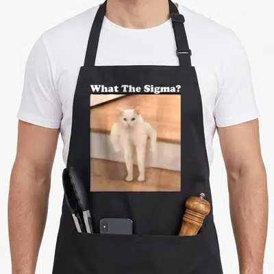 Sigma cat apron - What The Sigma text above muscular white cat photo — shown on a black cotton canvas apron against a white background